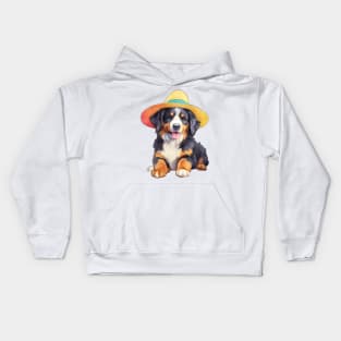 Watercolor Bernese Mountain Dog in Straw Hat Kids Hoodie